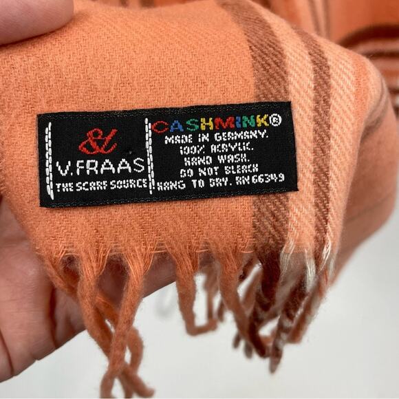 V. Fraas Cashmink Scarf Peach Plaid Rectangle Fringe Preppy Boho Casual Cozy - Picture 5 of 5